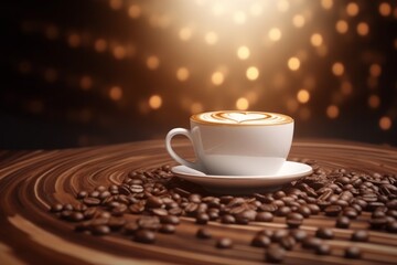 Obraz premium Coffee Bean Waves Around a Cup of Cappuccino, Set Against a Barista Background with Swirls and Reflecting Realistic Light