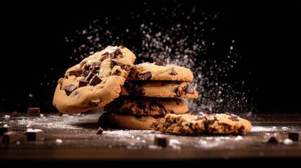  a stack of cookies with chocolate chips falling out of them.  generative ai