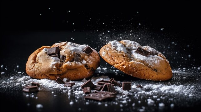  two chocolate chip cookies with powdered sugar on a black background.  generative ai