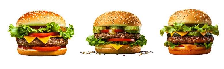 Tasty burger set on transparent background. Generative AI