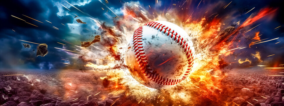 art baseball in a colorful explosion of fire energy and movement, sports performance, banner made with Generative AI