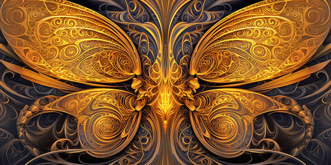 The symbolic image of the wings of a butterfly in a mechanical or steampunk style. Generative AI