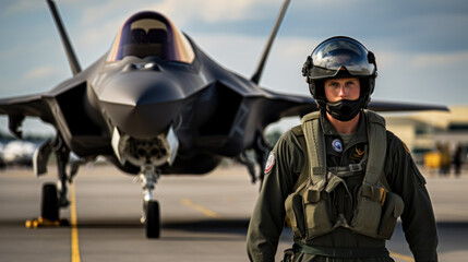 Attractive man - Pilot in front of stealth fighter plane - obrazy, fototapety, plakaty
