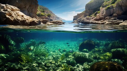 Fototapeta na wymiar an underwater view of a rocky beach and a body of water. generative ai