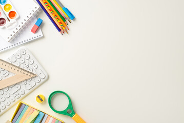 Step into the world of online studying from home with this captivating top-down view, presenting a...