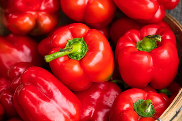 Beautiful red peppers in a basket at the Farmer's Market