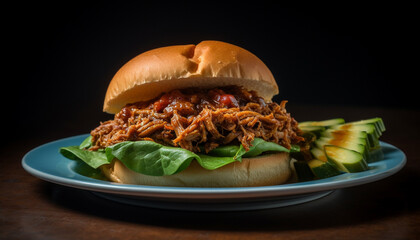 Grilled pulled pork sandwich on gourmet bun generated by AI