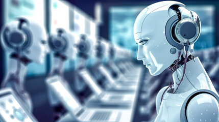 a robot with a headset in the call center provides client service. robotization and automation of communication, made with Generative AI