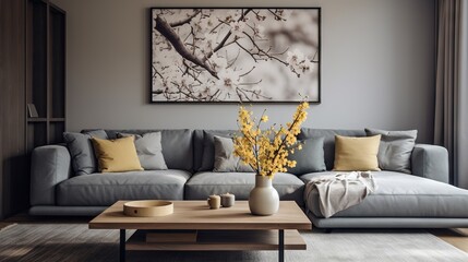  a living room with a couch, coffee table and a painting on the wall.  generative ai