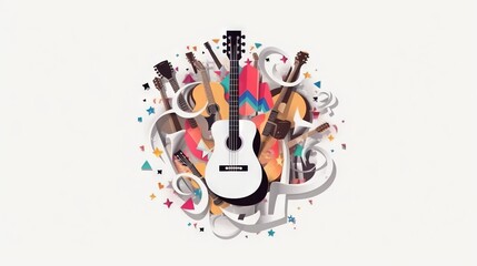  a white guitar surrounded by musical instruments and stars on a white background.  generative ai