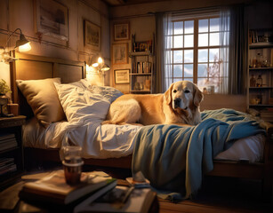 Gold Retriever on a bed in a Comfortable Room 