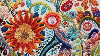  a close up of a colorful embroidered piece of cloth with flowers and leaves.  generative ai