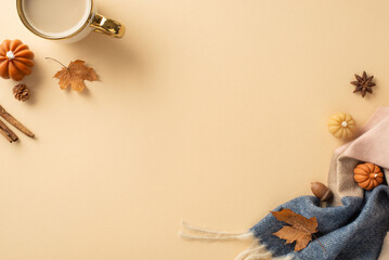 Autumn-inspired coziness on beige: Top-down image capturing a cashmere plaid, steaming cup of...