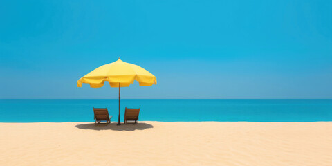 Karibischer heller Sand Strand mit hellblau türkisen Meer und blauen Himmel mit leeren Liegestühlen und gelben Sonnenschirm  - Mit Platz für Text oder Produkt