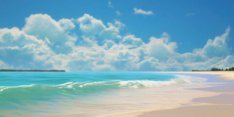 Karibischer heller Sand Strand mit hellblau türkisen Meer und blauen Himmel mit Wolken - Mit Platz für Text oder Produkt