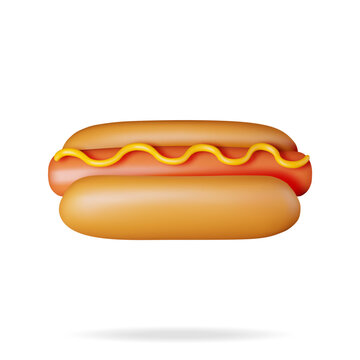 3D Hot Dog with Mustard Isolated on White. Render Hotdog Icon. Sausage with Bun and Mustard. Fast Food Concept. Fat, Unhealthy Food. Cartoon Vector Illustration