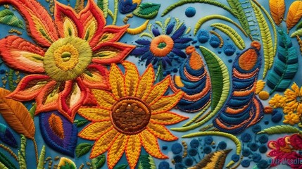  a close up of a colorful embroidered design on a blue surface.  generative ai