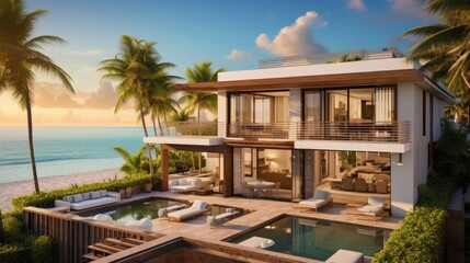 Fototapeta premium Villa in a prime oceanfront location in Miami, offering stunning views of the Atlantic Ocean and access to beaches