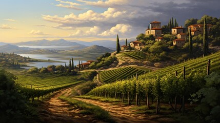  a painting of a vineyard with a road leading to it.  generative ai