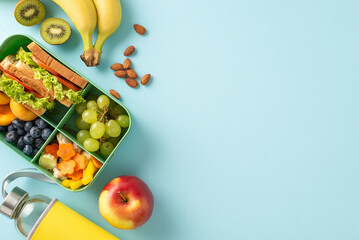Fuel educational breaks with a top-down composition highlighting lunch box with vegan sandwiches and other food on blue isolated background, inviting the addition of text or advertorial content