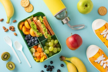 Take a breather from learning: high angle shot showcasing lunch box with vegan sandwiches, yummy fruits, vegetables, berries and nuts, water bottle and sneakers on pastel blue isolated background © ActionGP