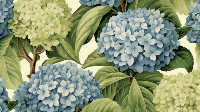  a painting of blue and green hydrangeas on a white background.  generative ai