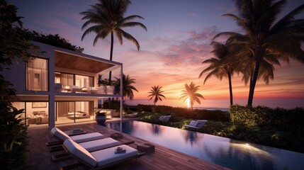 Fototapeta premium Villa in a prime oceanfront location in Miami, offering stunning views of the Atlantic Ocean and access to beaches
