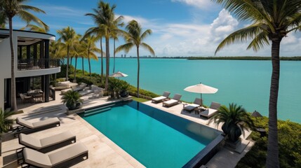 Fototapeta premium Villa in a prime oceanfront location in Miami, offering stunning views of the Atlantic Ocean and access to beaches