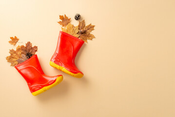Delightful autumnal experience for children amidst rain. Capture the essence with a top-down photo showcasing a colorful rubber boots and maple leaves on beige backdrop with copy-space for promotion
