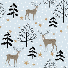 Christmas seamless pattern, deer animals, forest trees, stars, snow, gray background. Vector illustration. Nature design. Season greeting. Winter Xmas holidays