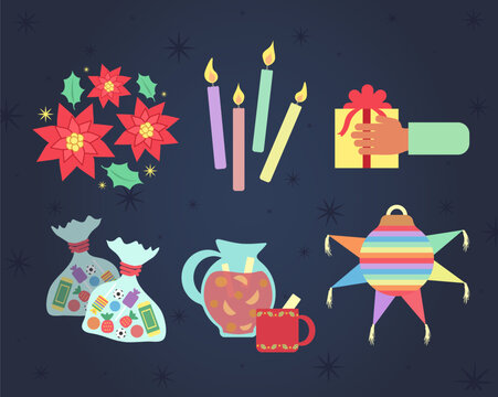 Vector. Elementos de las posadas en M&eacute;xico. Celebraci&oacute;n tradicional religiosa previa a Navidad.