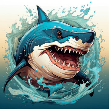 Shark logo vector illustration. Great white shark print. Beware of sharks banner. Shark attack. White shark teeth. Marine dangerous predator sign. Water safety rules. Anger management psychology.