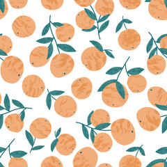 Seamless pattern with abstract oranges on white background. Hand drawn fruits with texture. Vector illustration.