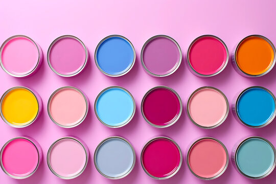 Many different colored tin cans. House rennovation, design ideas, bright conceptual photo. High quality photo with copy space. Pink, yellow, blue, magenta, orange, pastel beige paint. AI generated