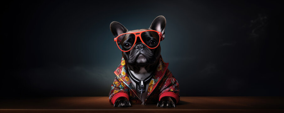 Portrait of a Dog with sunglasses in a business or cool suit. on dark background