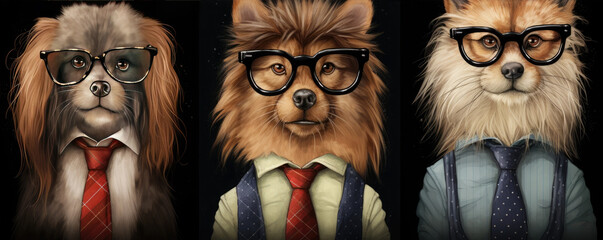 three dog heads with cool suits in row.  wide banner