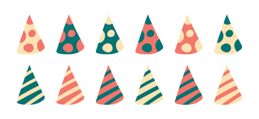 Obraz premium Set of party hats. Cones with polka dots and stripes. Decorations for birthday and holiday. Headdress. Doodle style. Vector illustration.