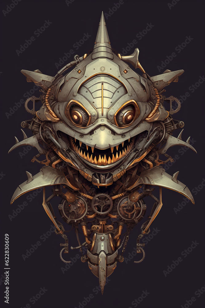 Poster a close up of a metal mask with sharp teeth. generative ai.