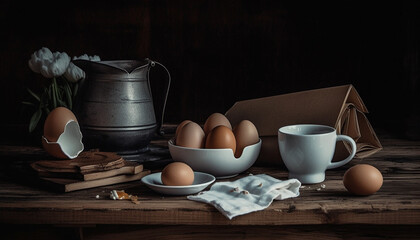 Obraz premium Rustic farm table holds organic meal preparation generated by AI