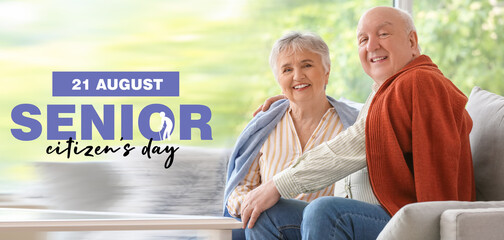 Banner for World Senior Citizen's Day with happy elderly couple at home