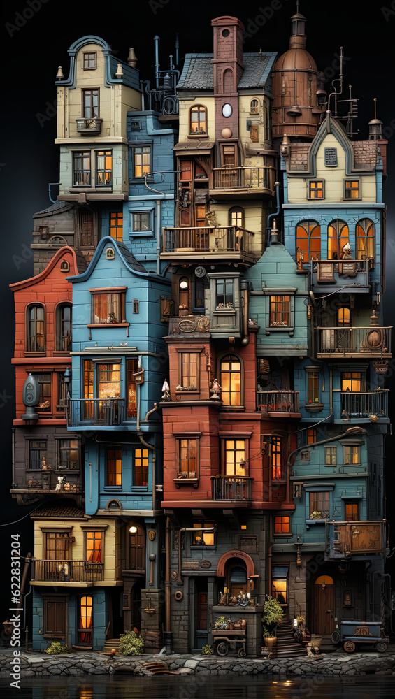 Poster a very tall building with many windows and balconies. generative ai.
