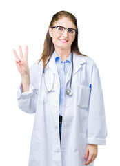 Middle age mature doctor woman wearing medical coat over isolated background showing and pointing up with fingers number three while smiling confident and happy.