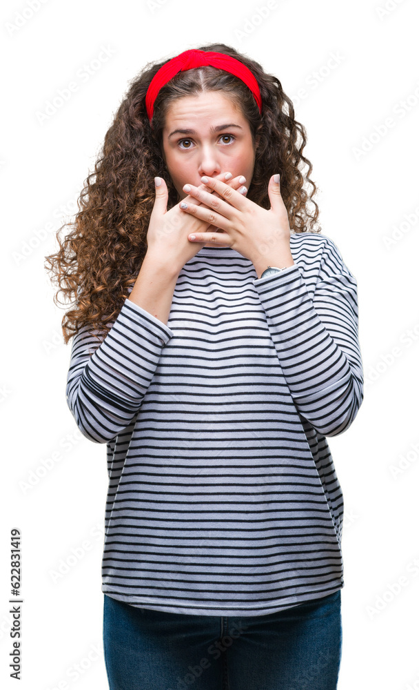 Poster beautiful brunette curly hair young girl wearing stripes sweater over isolated background shocked co