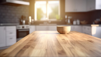 Fototapeta na wymiar Beautiful wood table top and blur bokeh modern kitchen interior.Ai generative