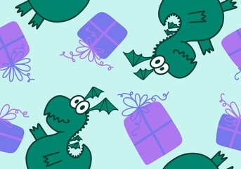 Cartoon animals dinosaur Christmas seamless dragon pattern for wrapping paper and kids clothes print