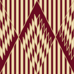 Art deco inspired stripe and checkered pattern with golden lines and magenta purple. Vector seamless pattern design for textile, fashion, paper, packaging, wrapping and branding