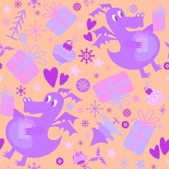 Fototapeta na wymiar New year dragon seamless cartoon Christmas dinosaur pattern for wrapping paper and kids clothes print