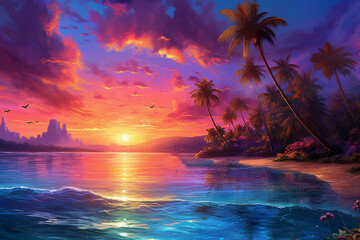 Fototapeta na wymiar Colorful sunset, burning sky and tropical beach