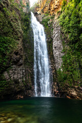 Landscape of big beautiful cerrado waterfall in the nature, Chapada dos Veadeiros