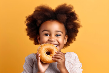 Cheerful black girl expressing positivity has fun holding a donuts looking at camera, yellow bakcground. Illustration. Generative AI